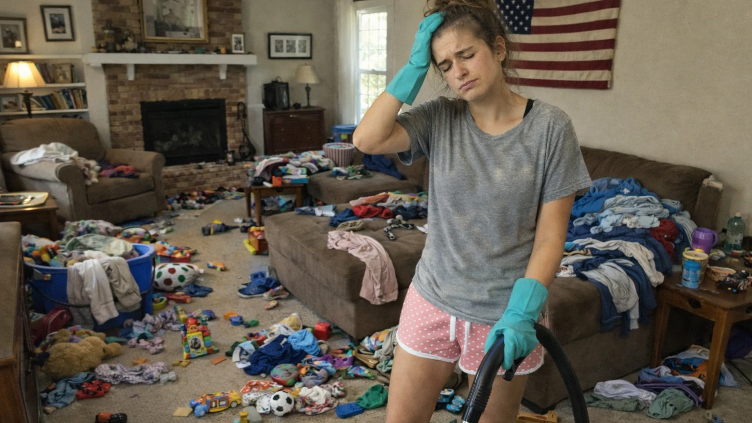 Woman vacuuming messy living room | AI-generated image