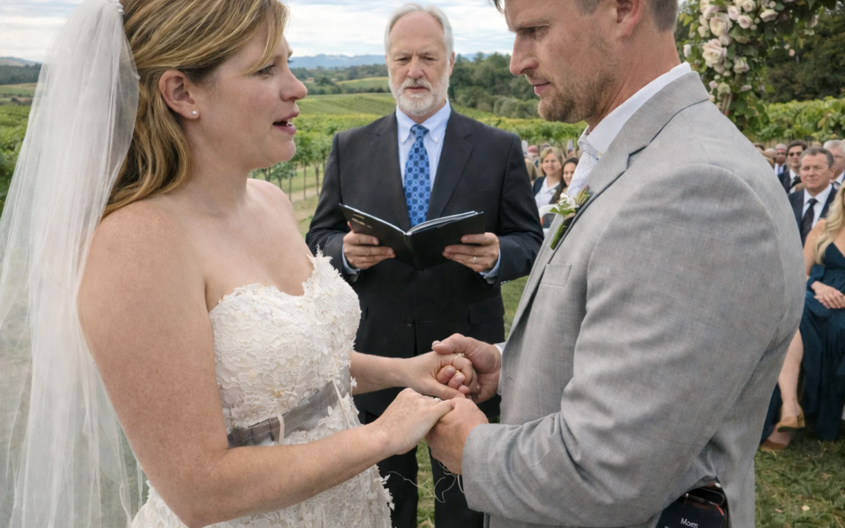 Bride and groom holding hands during outdoor ceremony | AI-generated image
