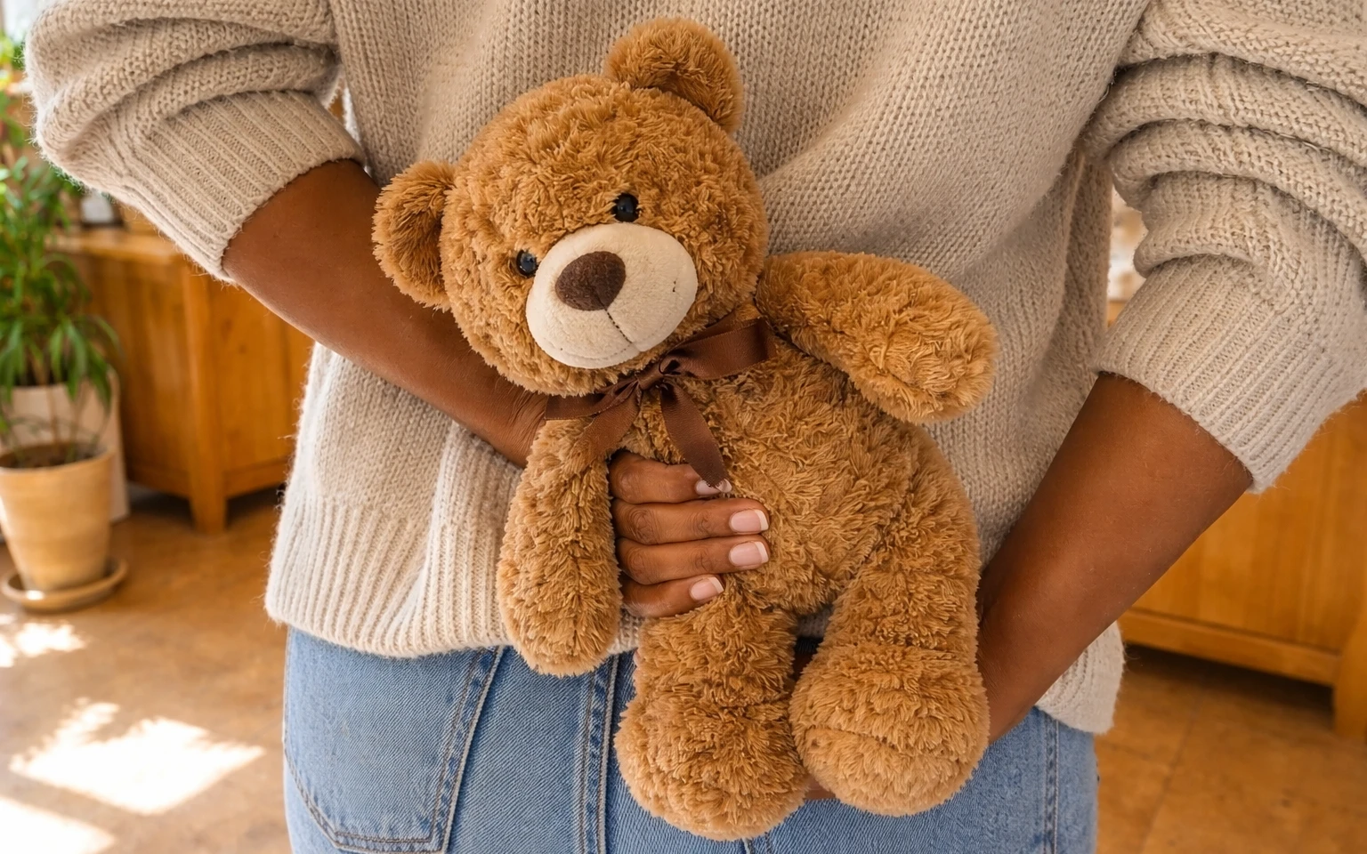 Woman holding a teddy bear behind her back | AI-generated image