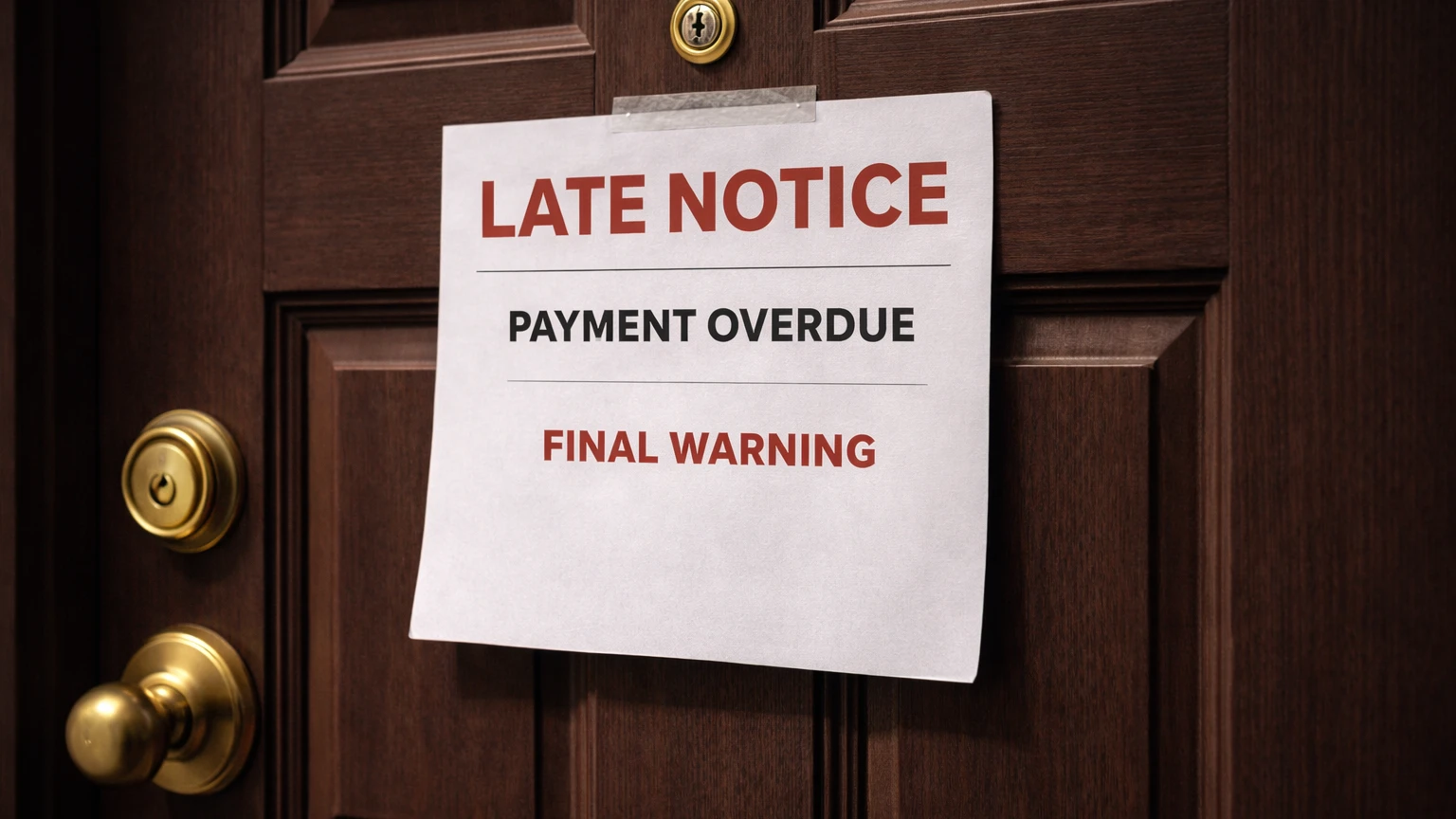 Late payment notice taped to wooden front door | AI-generated image