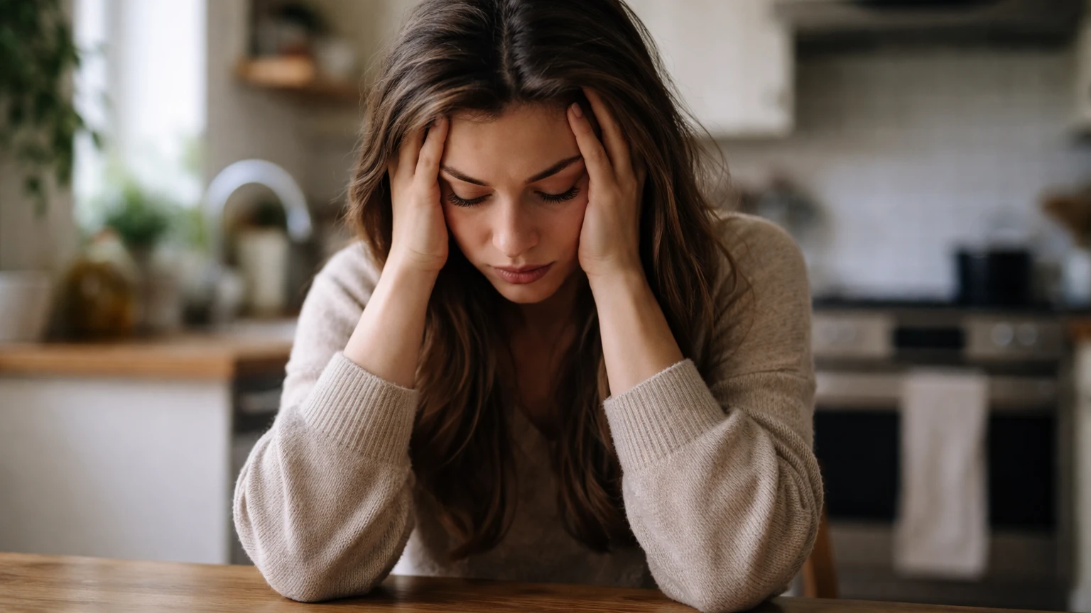 Exhausted woman sitting at table with head in hands | AI-generated image
