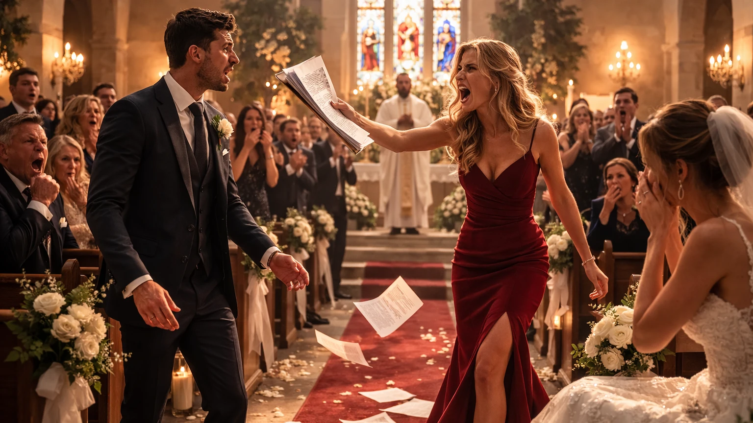 Wedding ceremony interrupted by an angry woman holding documents | AI generated image