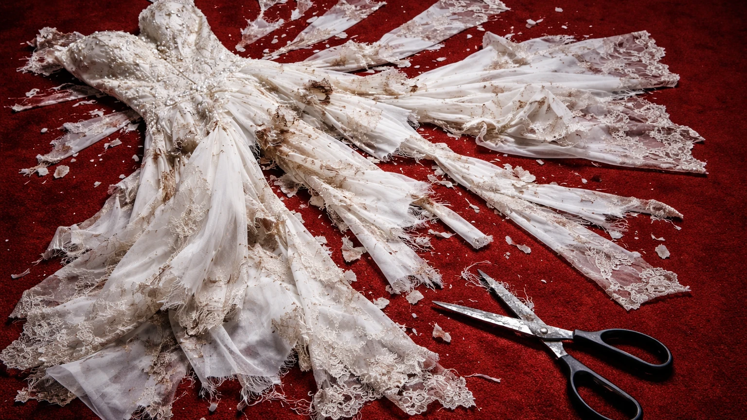 Torn wedding dress on red carpet with scissors beside it | AI-generated image