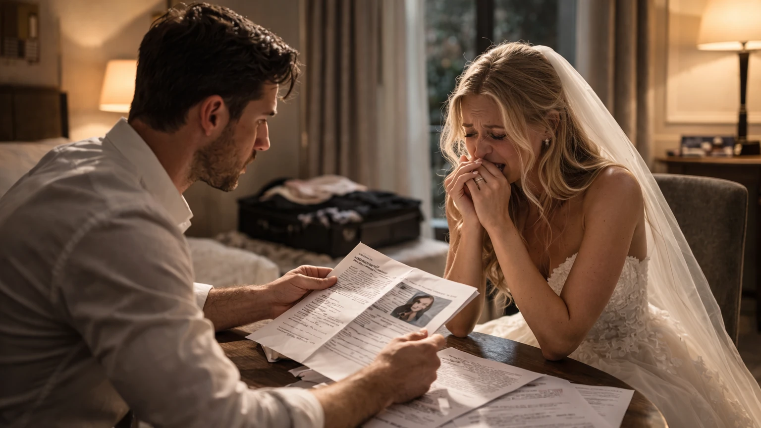 Bride and groom reviewing shocking papers in private | AI generated image