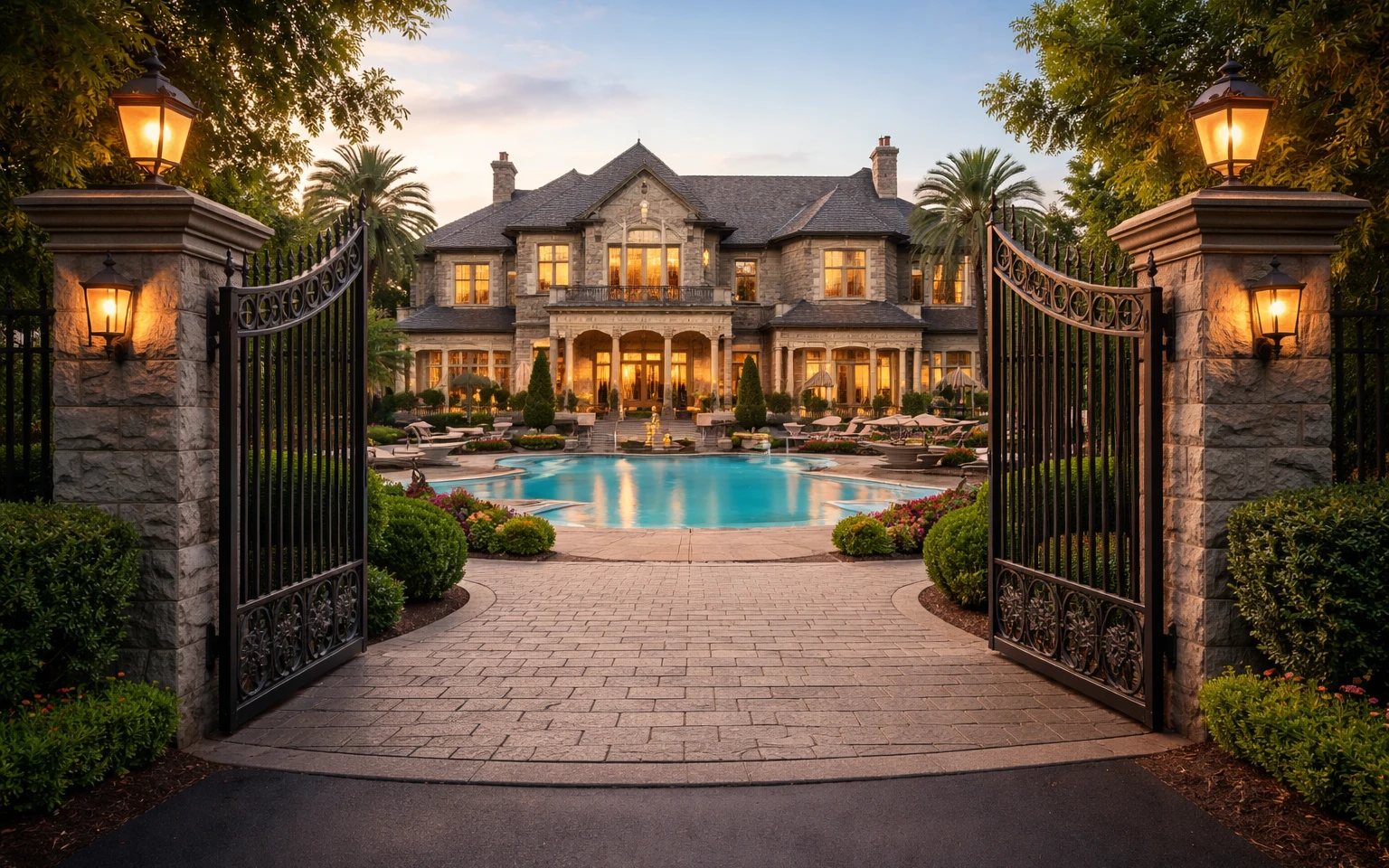 Luxury mansion with open gates and pool  | AI-generated image