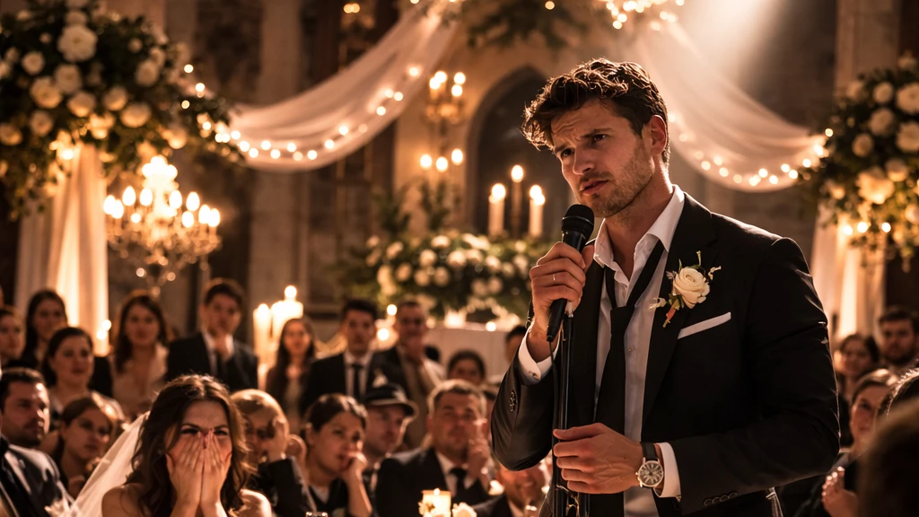 Groom speaking into a microphone at the wedding reception | AI generated image