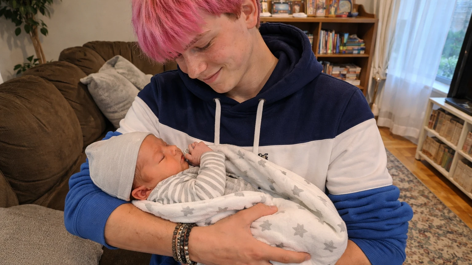 Teenager with a child in his arms | AI-generated image