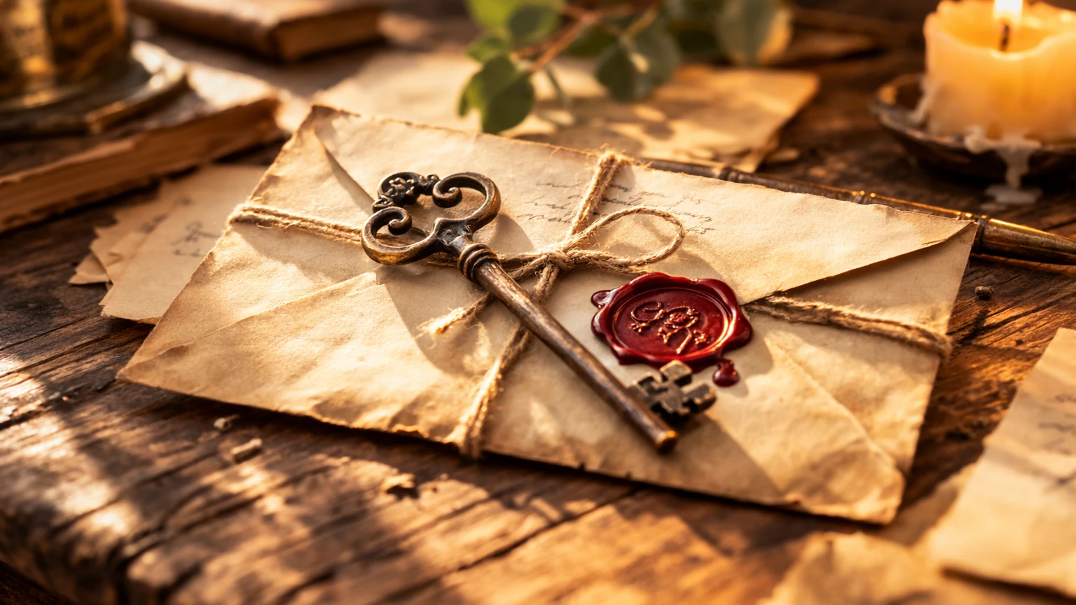 Envelope with brass key on wooden table | AI-generated image