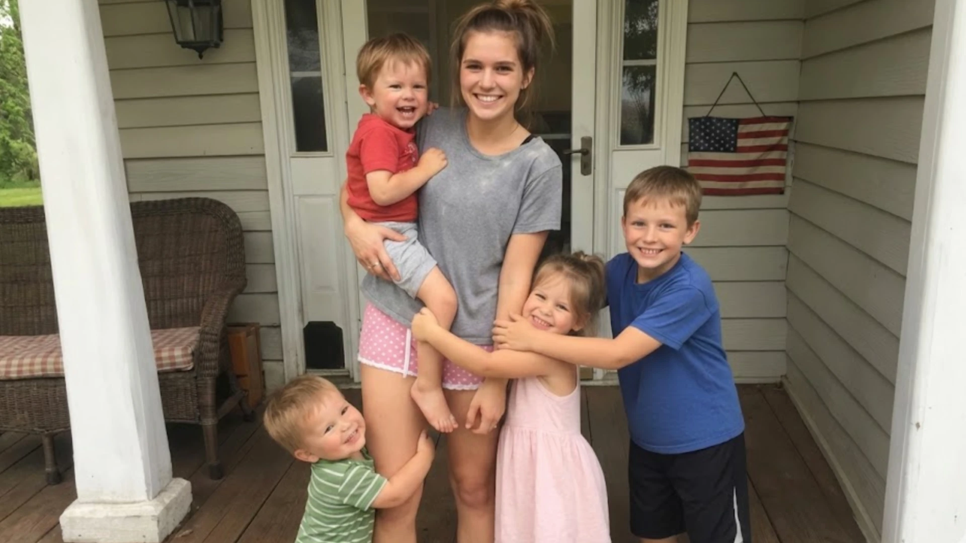 Teen girl smiling with four children on front porch | AI-generated image