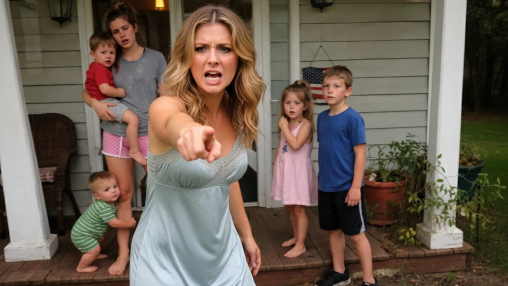 Angry woman pointing forward with family on porch | AI-generated image