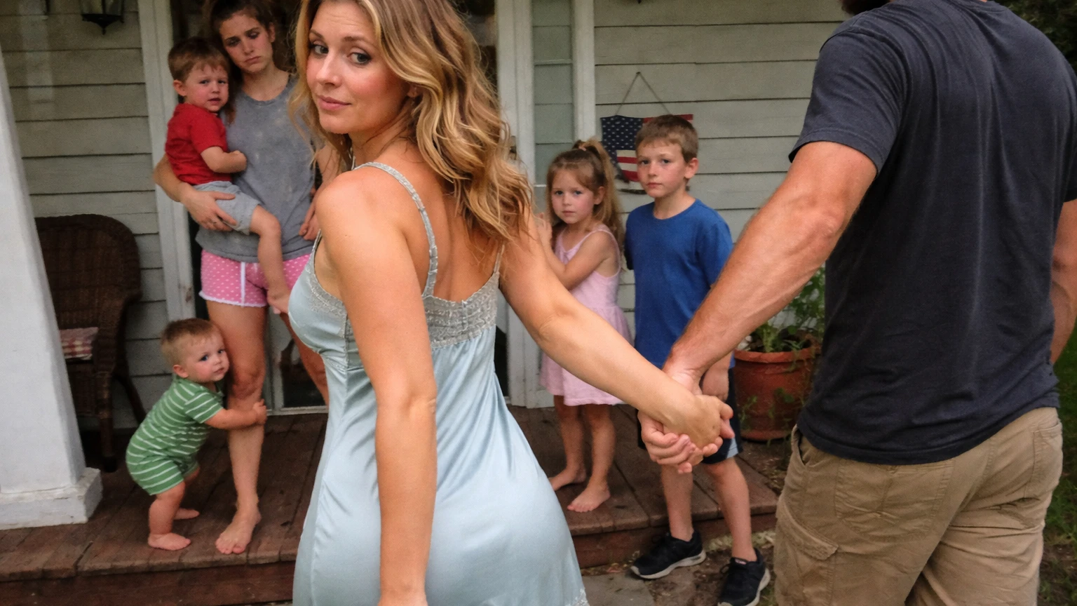 Couple holding hands outside home with family behind | AI-generated image