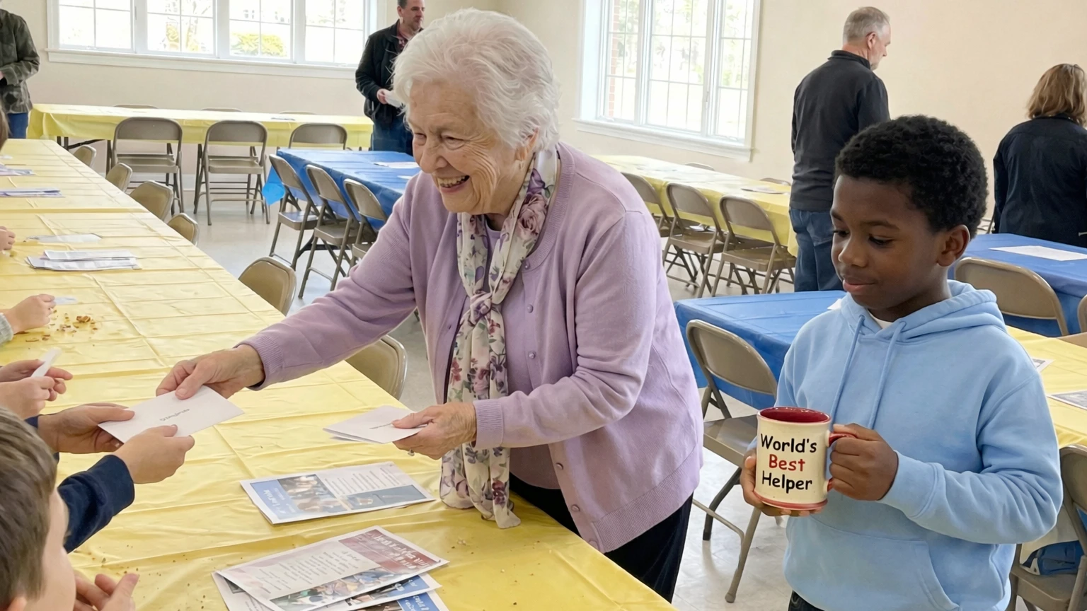 Elderly woman handing envelopes to children | AI-generated image