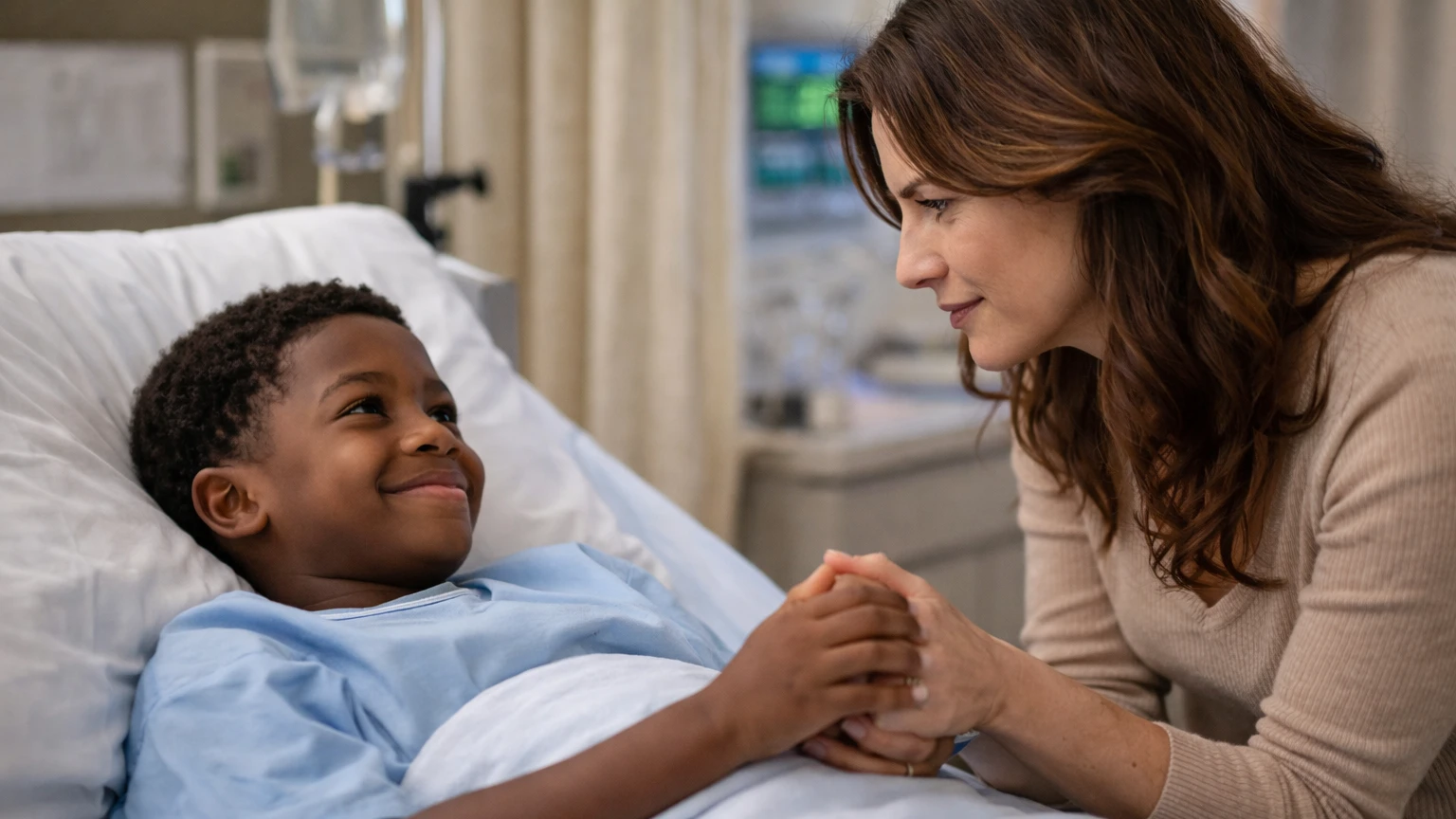 Boy smiling in hospital bed holding woman’s hands | AI-generated image